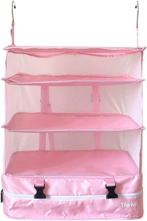 Grand Fusion Stow-N-Go Portable Hanging Travel Shelves, Packing Organizer for Luggage. Carry on Closet for Clothes. Expandable Packing Cube. Travel Essentials. (Pink - XL, XL = (L) 17.7" x (W) 11.8") XL = (L) 17.7" x (W) 11.8" Pink - Xl