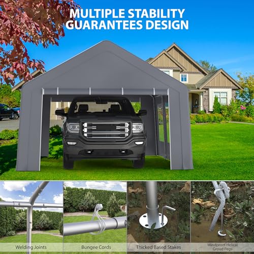 HarmonyHealth Carport 13\'x20\' Heavy Duty, Portable Garage with 3 Roll-Up Doors & 5 Windows, All Season Waterproof Car Canopy Outdoor Storage Shed for Pickup Truck Boat, Gray