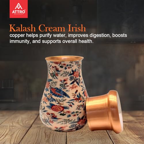 Image of ATTRO Kalash Copper Water Pot - Designer Water Storage & Serving, Ayurvedic Health Benefits, Supports Overall Health & Healthy Skin, 750ml Cream Irish