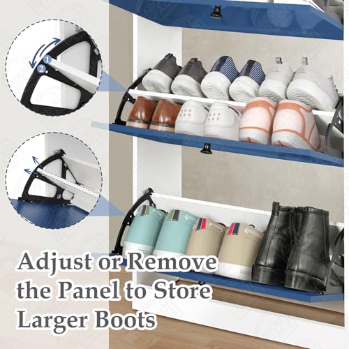 Image of ABOUT SPACE Shoe Rack for Home - 4.5ft 3 Tier Tilt Out Door Semi-UV Gloss Laminate DIY Engineered Wood Shoe Cabinet - Anti-tip Protection Removable Adjustable Panels for 18-20 Pairs - Blue & White