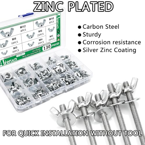 Image of 130PCS Metric Wing Nuts Assortment Kit, 7 Sizes- M3, M4, M5, M6, M8, M10, M12 Zinc Plated Wingnuts Fasteners, Parts Butterfly Wing Nut