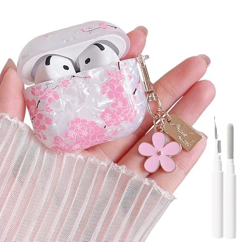 Image of MINSCOSE for Cute Glitter AirPods 4 Clear Case,Cherry Blossom Shell Pattern Aesthetics Design with Trendy Floral Keychain,Soft TPU Protective Cover with Cleaner Kit for AirPods 4-Pink