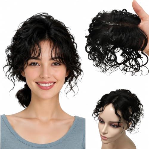 Curly Human Hair Topper with Bangs Wavy Fringe Bang Hairpiece