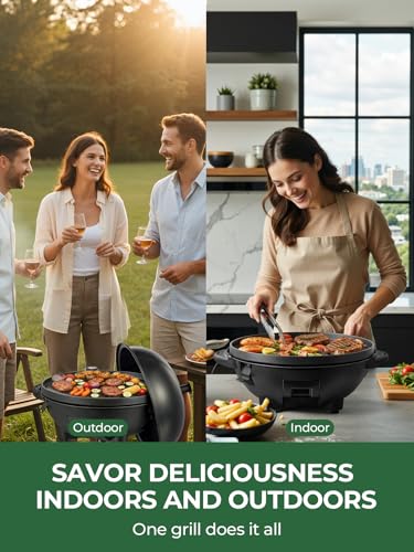 FOHERE 2400W Elektrischer Elektrogrill 2in1 Tischgrill - Standgrill mit Thermostat, Grillplatte mit keramischer Beschichtung, Innen- & Außennutzung, Balkon & Küche, Grillfläche Ø 41 cm, Schwarz
