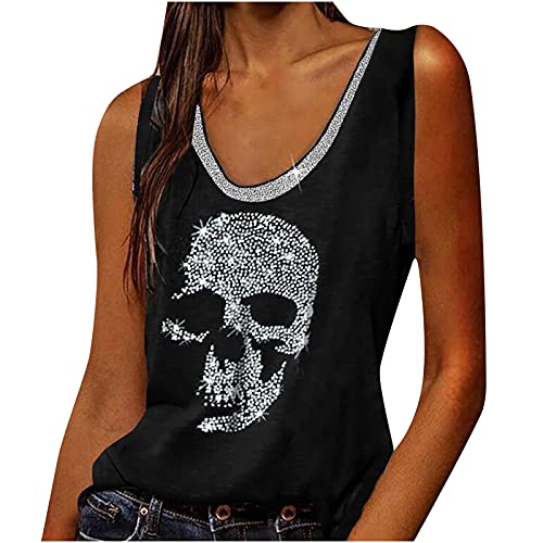 Wirziis Women Summer Skull Print Tank Tops,Fashion Sleeveless Casual Glow Tunic Shirt Daily Girls Comfty V-Neck Blouses