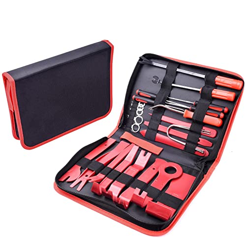 Star - 25 PCS (Red) Trim Removal Tool Kit - Car Panel Door Audio, Auto Clip Pliers Fastener Remover Pry Tool Set - Storage Bag Included
