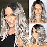 Sapphirewigs Short Water Wave Black Roots Ombre Gray Color Wave Blogger Celebrity Women Gifts Daily Makeup Synthetic Lace Front Wedding Party Wig