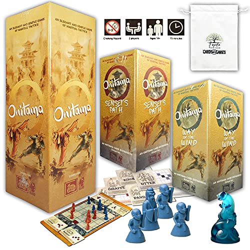 Onitama Board Game Base Bundle with Expansions: Onitama Sensei's Path, Onitama Way of The Wind and Random Color Drawstring Bag