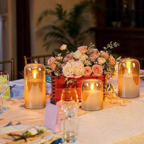 Image of Eldnacele Gold Glass Flameless Candles with Remote and Timer, Battery Operated 3D Wick Flickering LED Pillar Candles for Dinner Wedding Holiday Decor(3Pcs, D3xH4 /5 inch /6 inch)