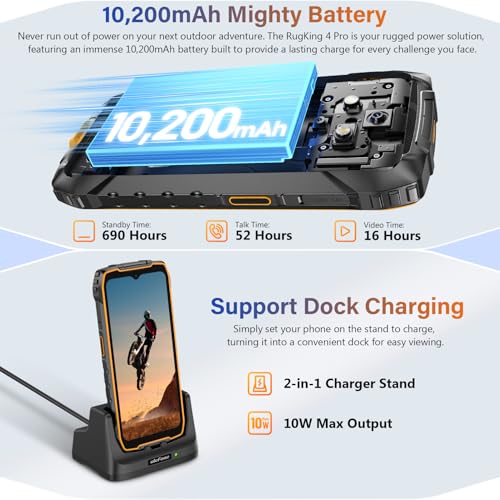 Image of Ulefone RugKing 4 Pro Android 15 Rugged Phone, 16GB+256GB 10200mAh Battery 6.56 inch 120Hz Display Tough Smarthone, 48MP Main Camera, Built-in Glare Flashlight, NFC / 4G Dual SIM /Widevine L1 - Orange