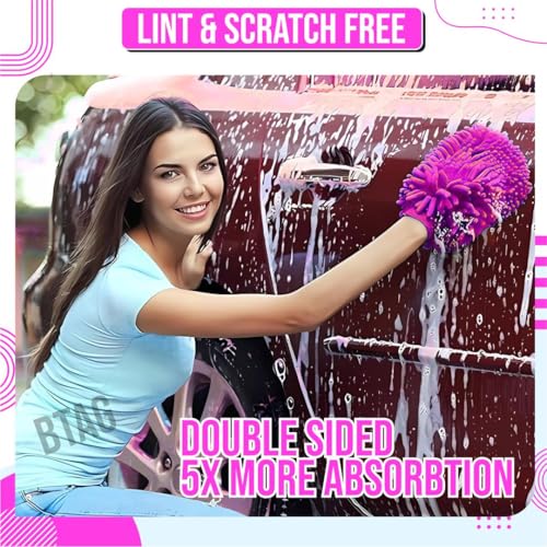 Image of Btag Double Sided Microfibre Wash Mitt Cleaning Gloves (2 Pcs, 2400 GSM, Size 26 X 19 Cm, Extra Large, Super Absorbent, Big Chenille Mitt Glove) (Pink)