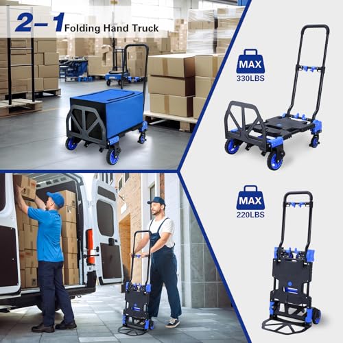 2-1 Folding Hand Truck Dolly,330LBS Capacity Dolly Cart,Foldable Dolly Hand Truck with Retractable Handle and 4 Rubber Wheels,Hand Cart Foldable for Luggage/Travel/Office/Moving