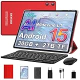 SKYEGG Tablet 10 Pulgadas Android 15 con Gemini AI, 30 GB RAM + Ampliable 2 TB ROM, Octa-Core, Widevine L1, WiFi 5G, BT 5.0, Cámara 8 MP + 5 MP, Batería 6000 mAh, con Teclado, Ratón y Funda – Rojo