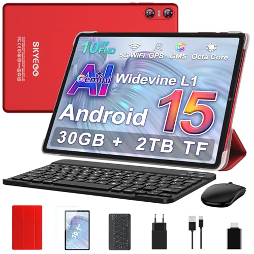 SKYEGG Android 15 Tablette 10 Pouces avec Gemini AI, 30 Go RAM + Extensible Jusqu'à 2 to ROM, Widevine L1, Octa-Core, 5G WiFi, 6000 mAh, BT 5.0, Tablette Tactile avec Clavier et Souris, Rouge
