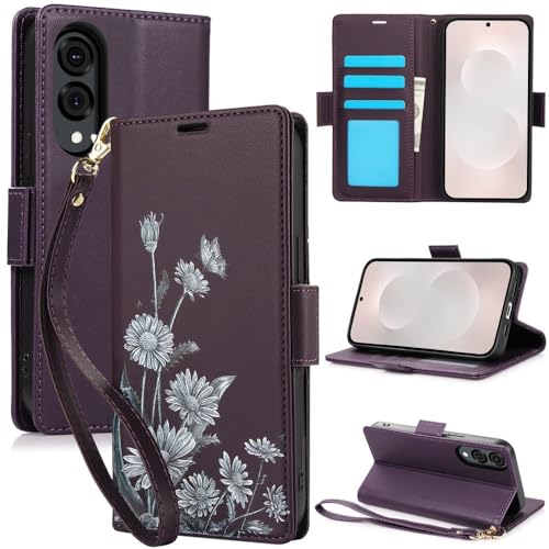 Étui Galaxy A56 5G violet foncé floral en cuir magnétique avec fente portefeuille