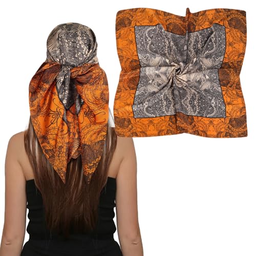 EXTREE Women's 35 inch Fashion Headscarf Silk Satin Scarf for Hair Wrapping at Night Bandana Square Scarf for Sleeping Jungle Love Horse Orange