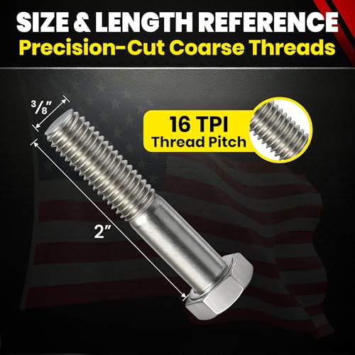 Image of Chenango Supply 3 /8-16 x 2 Stainless Steel Hex Head Bolts - 304 Stainless, USS Coarse Thread, 100,000-125,000 PSI Tensile Strength, Corrosion-Resistant Hardware Bolts, (25 Pieces, 3 /8-16 x 2)