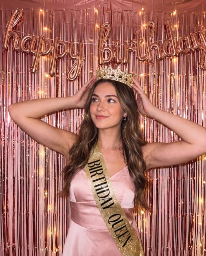 Image of Fesciory Birthday Crown for Women, Gold Plated Crystal Tiara with Sash