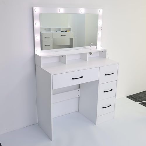 Miniatura 7 de CCF Escritorio grande con espejo de tocador con 4 cajones, escritorio de tocador de maquillaje y silla, escritorio de tocador de maquillaje