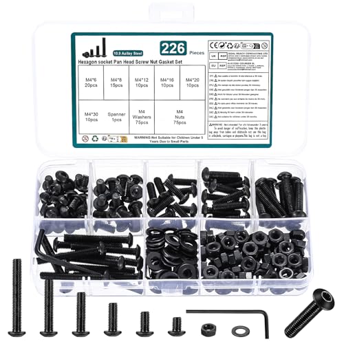226 Pcs M4 Juego de Tornillos y Tuercas y Arandelas, Tornillos de Cabeza Hueca Hexagonal Cilíndrico, Métricos Tornillería Tornillos Cabeza Hexagonales Redonda para Reparación Máquinas, Negro