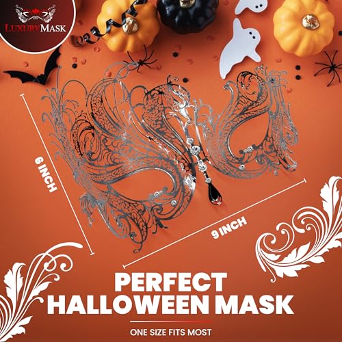 Image of Metal Filigree Masquerade Mask for Women - Swan Style Mask with Rhinestones for Mardi Gras, Prom, Halloween & Venetian Party