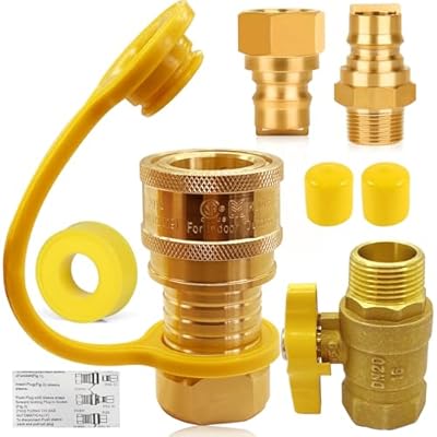 3/4" Natural Gas Quick Connect Fittings, Solid Brass Quick Connect Fittings Convert with Gas Valve 3/4 Ball Valve, for Pipe Natural Gas Supply for Generators, Gas Grills, Fire Pits, RV, Etc.