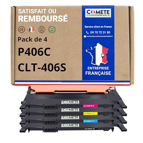 COMETE, Marque française - CLT-P406C - 4 Cartouches Toners Compatibles avec Samsung 406S - pour Samsung Xpress C460W C460W C410W CLP 360 365 CLT-K406S P406C (1 Noir et...