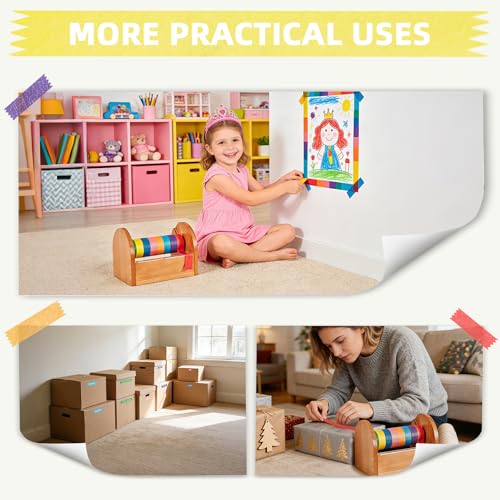 Wood Masking Tape Dispenser, Kids Craft Tape Dispenser with 8 Rolls Colored Masking Tape, Multi Roll Washi Tape Holder Organizer Perfect for Gift Wrapping, Office Home School, Acrylic Serrated Cutter by Bodoniy - Image 7