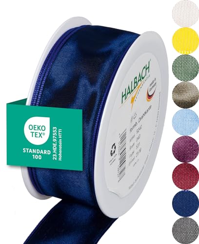 Halbach Seidenbänder Premium Gift Ribbon with Wired Edge, Width 40 mm, Length 25 m, Oeko-Tex 100 Certified, Made in Germany, Dark Blue