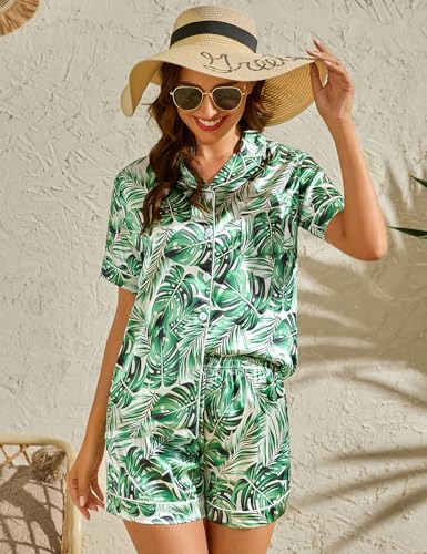 Image of LecGee Womens Silk Satin Pajamas Short Sleeve Loungewear Two-Piece Sleepwear Button-Down Pj Set