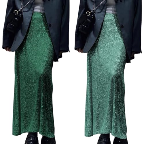 Elegant Sparkling Sequins Stretchy Long Skirt for Women Elastic High Waist A Line Skirt for Formal Parties and Night Out Rose Red2