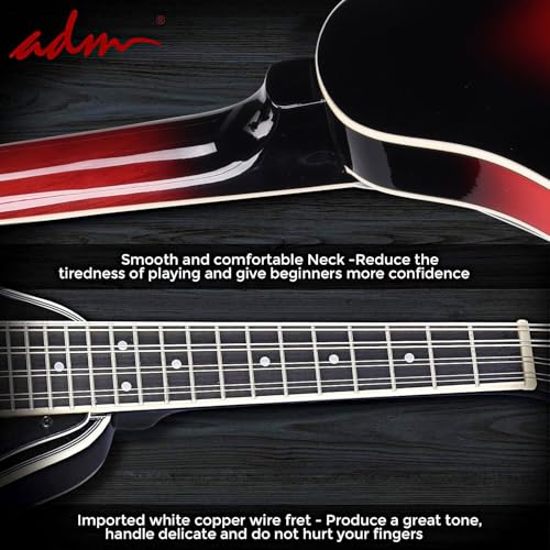Image of ADM Acoustic Mandolin Instrument Kit Music A Style for Kids Students Adults Wood Mandolins Beginner Set With Bag, Tuner, Pick-up, Strap, Strings, Picks and Hanger, Red