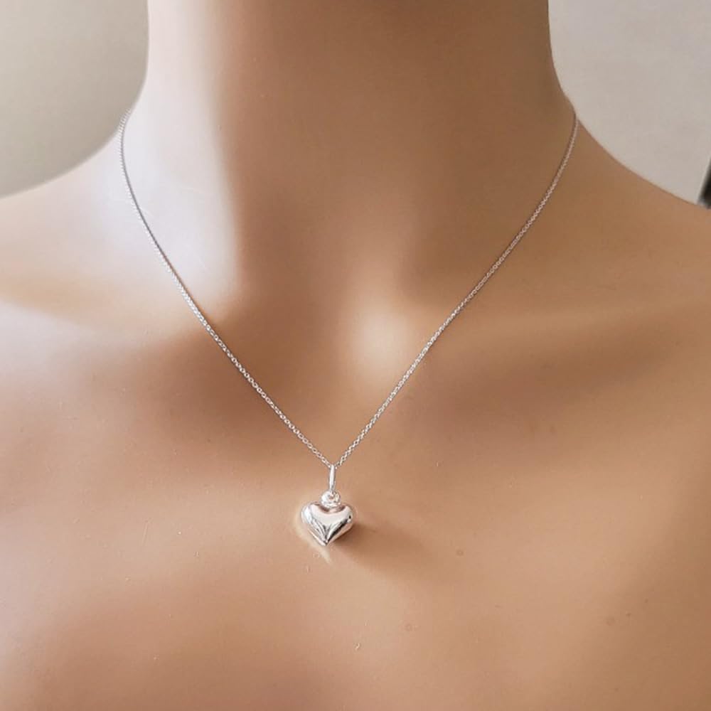 Sterling Silver 3D Puffed Heart Charm Necklace, 18" - Image 4
