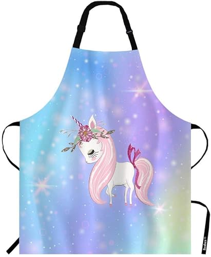 Delantal de chef de unicornio rosa de 27 x 31 pulgadas, corona de flores de belleza, melena larga tímida arco iris, cielo estrella, sin pelusas,