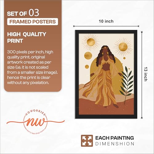 Image of NoWorries Boho Abstract Wall Art Framed Painting Set of 3 | Sun Moon Rainbow Woman Illustration Printswith Frame | Modern Aesthetic Bohemian Wall Decor Frames for Living Room, Bedroom and Office | Neutral Earth Tone Framed Artwork Ready to Hang (Art-4, 10x13inch, Wooden)