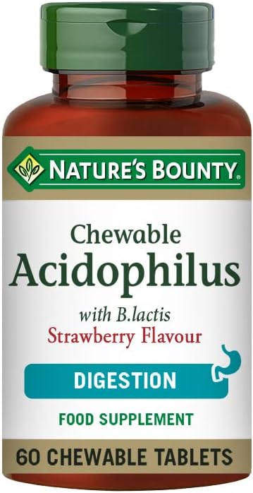 Nature's BountyChewable Acidophilus with B. lactis Strawberry Flavour Tablets - Pack of 60 Chewable Tablets - 1 Billion Active Cultures per Tablet - Suitable for vegetarians and vegans