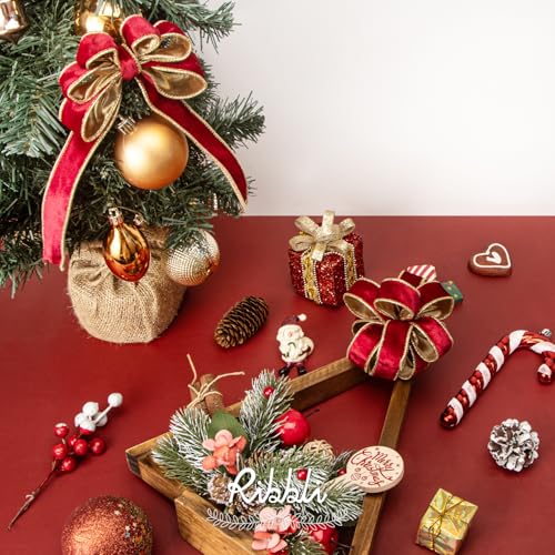 Image of Ribbli Red Velvet Wired Ribbon 1 Inch Metallic Red Gold Crushed Velvet Christmas Ribbon for Gift Wrapping Christmas Tree Decoration Crafts Wreaths Supplies-Continuous 10 Yards