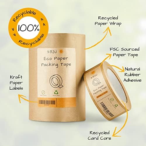 Koju Kraft Paper Packing Tape 48mm x 50m | 3 Pack | Eco Friendly & Recyclable Brown Paper Tape for Packaging Parcels & Moving House Boxes | Strong, Heavy Duty Paper Parcel Tape