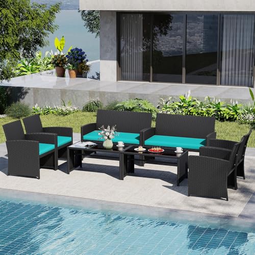 Image of Tangkula 8 Pieces Patio Wicker Furniture Set, Outdoor Heavy Duty Rattan Cushioned Chairs, Loveseat and Tempered Glass Coffee Table, for Backyard, Balcony, Poolside (Turquoised,2)