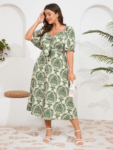 Image of SCOMCHIC Plus Size Summer Dress Casual Short Sleeve Bow Tie Deep V Neck Smocked Button Down Midi Flowy A-line Boho Dresses