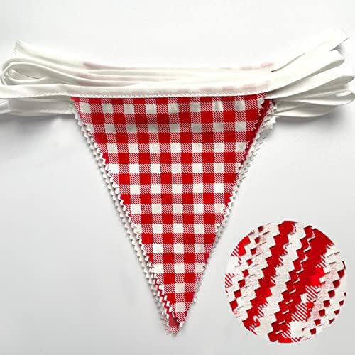 32Ft Red White Plaid Fabric Bunting Banner Party Decorations Red Checkered Gingham Triangle Flag Pennant Garland for Xmas Wedding Birthday Engagement Christmas Carnival Picnic Outdoor Home Festivals