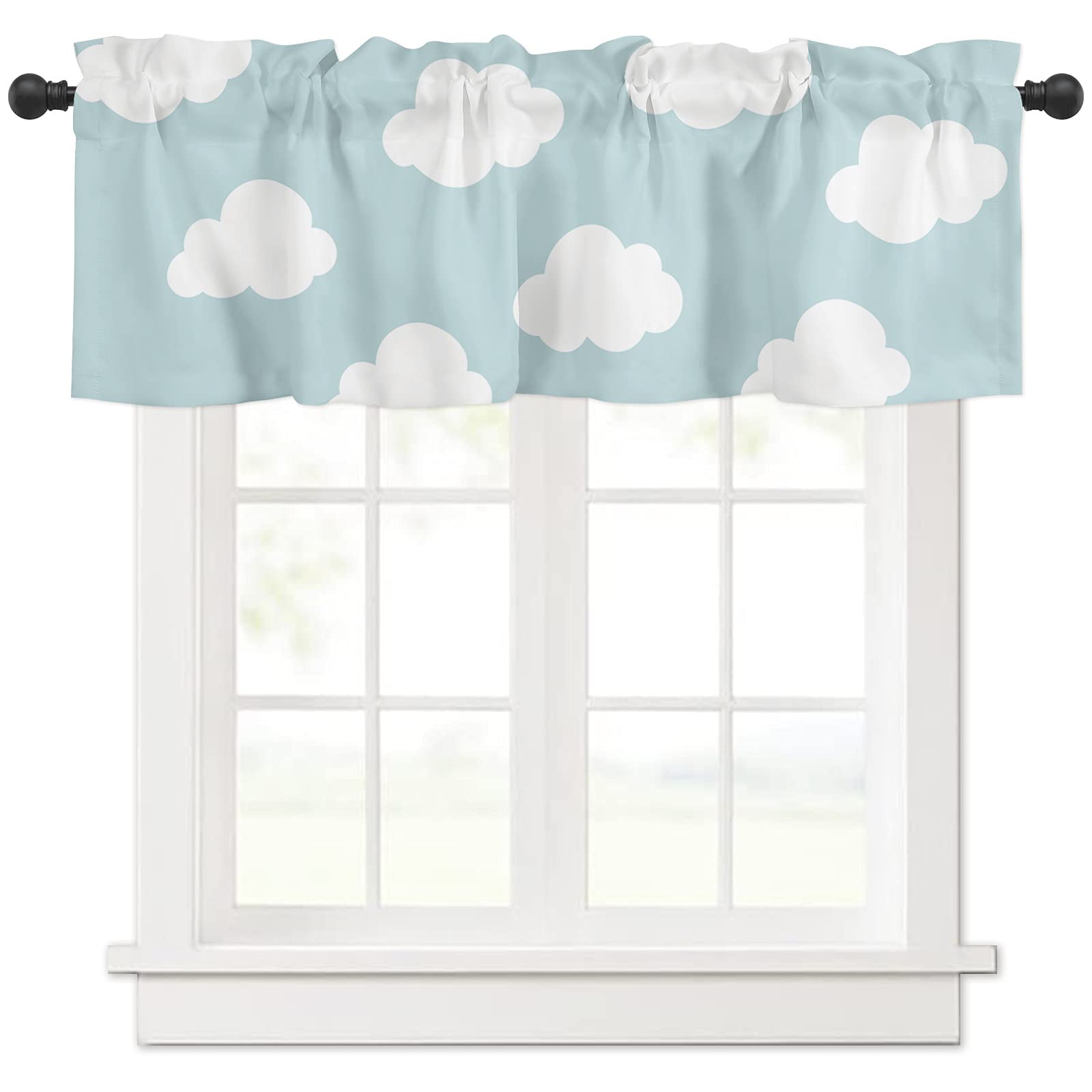 Vandarllin Valance Curtains for Kitchen Window, Blue White Cloud Cartoon Kids Rod Pocket Valances Window Treatments Short Curtains for Bedroom/Living
