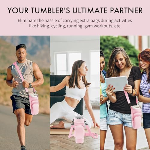 Image of Water Bottle Carrier Bag with Phone Pocket for Stanley Cup 40 /30 oz, Water Bottle Holder with Adjustable Strap& Straw Cover, Stanley Cup Accessories (Pink)