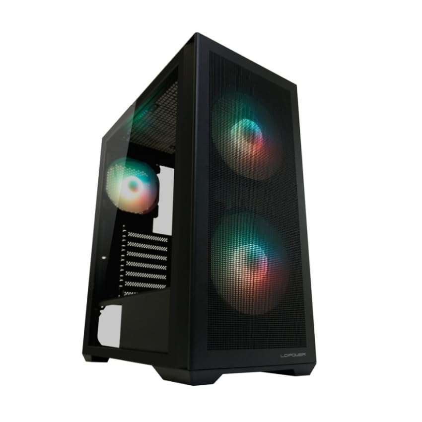 LC-Power Caja para gaming Gaming 717B Meshwork_L Dark – ATX Midi-Tower con 3 ventiladores ARGB, USB-C, panel lateral de vidrio templado, espacio para 5 HDD/SSD, control RGB, diseño moderno de malla