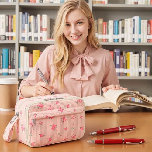 Image of WOBAGMEN Cute Pencil Case,Large Corduroy Zippered Pencil Case Pouch, aesthetic Pencil Bag with Compartments(Pink Bow Floral)