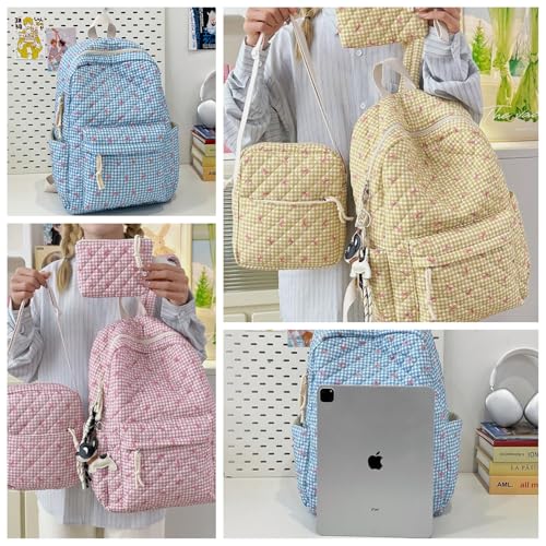Coquette Backpack - Bow Backpack Nylon for Women Cute Kawaii Backpack Set 3 Pcs Quilted Daypack with Small Crossbody Bag (yellow)3