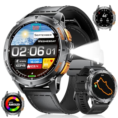 FOXBOX DM4 GPS Reloj Inteligente Hombre, 1.43' AMOLED Smartwatch con LED Linterna para Android iOS, 6 Localización por Satélite, IP68, Llamadas, 200+ Watch Face,170+ Deportes, Correa de Cuero Negro