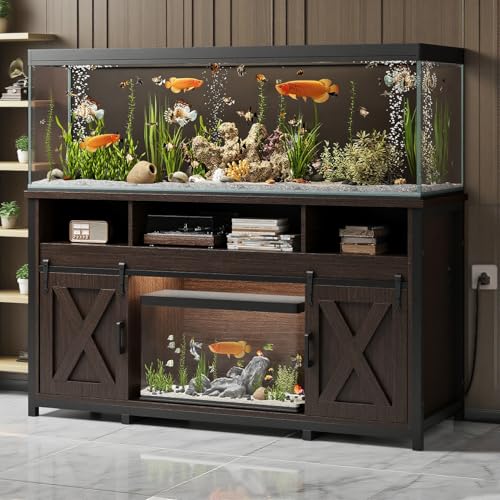 FANCROU 75-120 Gallon Aquarium Stand, Sturdy Aquarium Stand with Power Outlet, Open Compartment, Load-Bearing Capacity 1000 Pounds, Thick Solid Wood Material, Dark Walnut