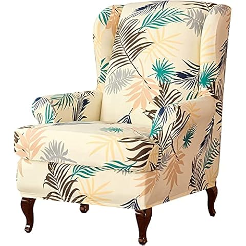 LINGKY Jacquard Wing Chair Cover Elastic Universal Stretch Soft Sofa Covers 2-Piece Wingback Armchair Covers with Removable Arms Slipcovers Furniture Protector (Beige) Cover