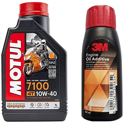 Image of Motul 104091 7100 Ester 4T Fully Synthetic 10W-40 Petrol Engine Oil for Bikes (1 L) + 3M 4s2w Engine Oil Additive (50 ml)